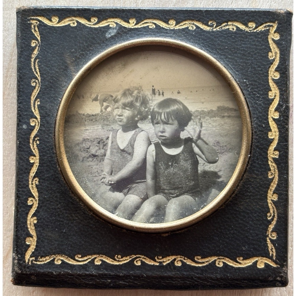 Sweet Vintage 1940s Miniature Photo 2 Little Girls Beach Leather Frame 1 3/4"